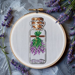 Lavender cross stitch pattern, flowers in a jar xstitch pattern, cute embroidery beautiful, small bottle easy mini PDF Instant Download