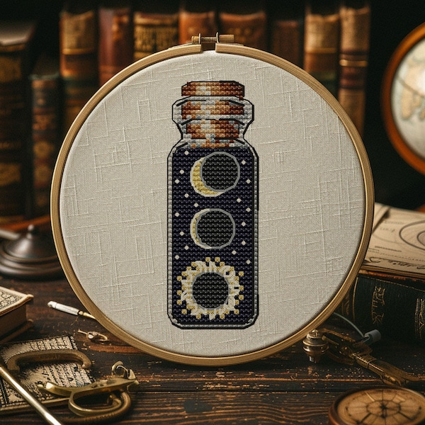 Eclipse Cross stitch pattern Mistic in a bottle cross stitch pattern dark sun jar small moon space easy mini PDF Pattern Instant Download