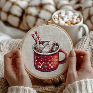 Yummy Cross stitch pattern cup of cocoa with marshmallow New Year Christmas small cozy round cute easy mini PDF Pattern Instant Download