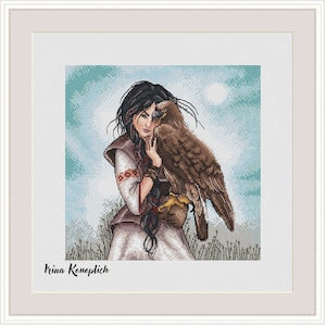 Schönes östliches Adler und Mädchen Kreuzstichmuster, I am with you, Steppe, Himmel, Freiheit, Vogel, Stickerei, DMC Chart PDF Instant Download