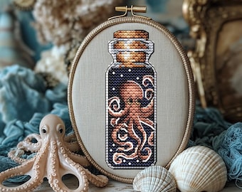 Octopus in a bottle cross stitch pattern,marine animals,ocean,embroidery pattern,stylish beautiful jar mini PDF Pattern InstantDownload Easy
