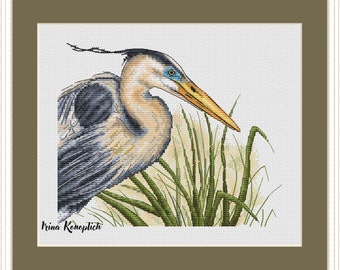 Heron Cross stitch pattern, modern beautiful bird xstitch, graceful heron in reeds pattern, summer, nature, DMC Chart PDF Instant Download