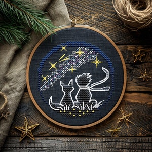 Little Prince and fox cross stitch pattern, small round embroidery pattern, stars,  Black Canvas, mini DMC Chart PDF Instant Download Easy