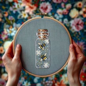 Bees in a bottle bumblebee cross stitch pattern, jars spring flowers, DMC Chart small cross stitch cute bees mini sale PDF Instant Download
