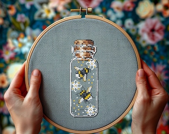 Bees in a bottle bumblebee cross stitch pattern, jars spring flowers, DMC Chart small cross stitch cute bees mini sale PDF Instant Download