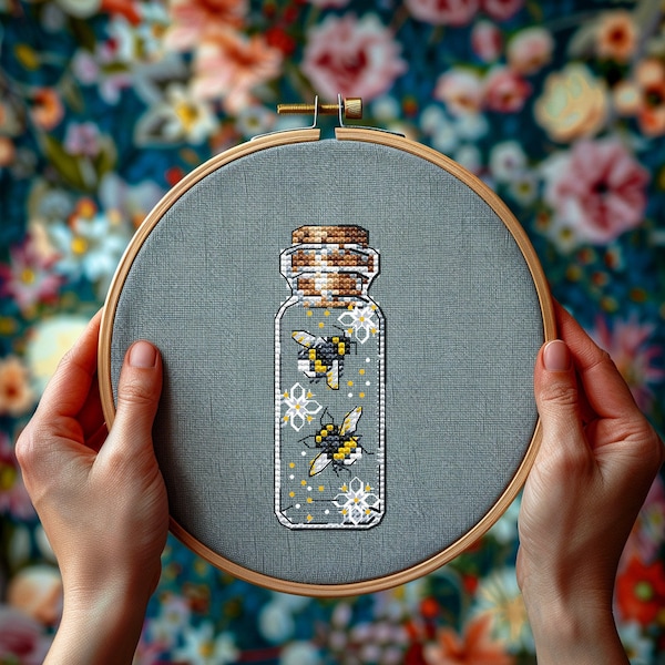 Bees in a bottle bumblebee cross stitch pattern jars spring flowers small cross stitch cute bees mini sale PDF Pattern Instant Download Easy