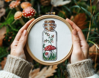 Amanita cross stitch pattern, Fly agaric Amanita xstitch, DMC Chart, cute, small in a bottle mushroom jar mini PDF Pattern Instant Download