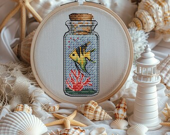 Fish cross stitch pattern in a bottle, marine embroidery pattern, ocean sea fish small, cute, jar jar mini PDF Pattern Instant Download Easy