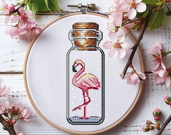 Flamingo Cross Stitch Pattern, Pink Bird Cross Stitch, Small Bottle Jar Cute Beautiful Bird Easy Mini for Gift PDF Pattern Instant Download