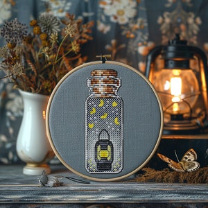Night cross stitch pattern, oil lamp in a bottle cross stitch pattern, jar, moths, cute little embroidery easy mini PDF Instant Download