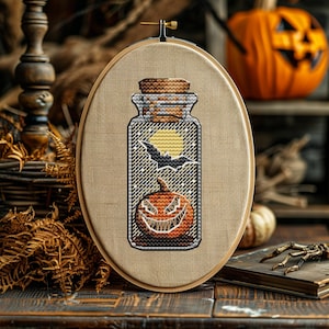 Pumpkin cross stitch pattern, bat, Halloween, night, scary cross stitch pattern, gift embroidery pattern, jar easy mini PDF Instant Download