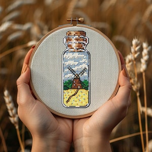 Mill in a bottle cross stitch pattern, grain, field, sky, summer cross stitch pattern, Jar Small Cozy Mini PDF Pattern Instant Download Easy