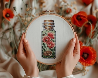 Poppies Cross stitch pattern embroidery flowers in a bottle hedgehog and poppies beautiful small cute easy mini PDF Pattern Instant Download