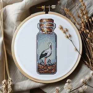 Storks in a bottle cross stitch cute embroidery pattern family of birds in a nest jar storks nest easy mini PDF Pattern Instant Download