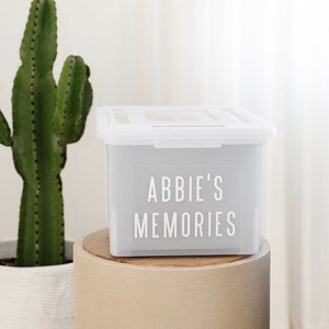 May include: A clear plastic storage box with a white label that says "Abbie's Memories". The box is sitting on a light brown surface.