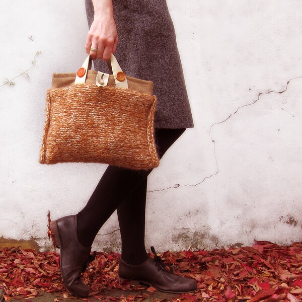 Knitted bag orange ginger brown wool tweed purse cream leather handles memake handmade handbag