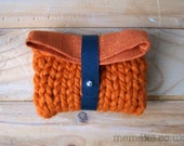 Small knit purse orange linen navy blue leather fold over chunky knit pouch memake handmade fashion