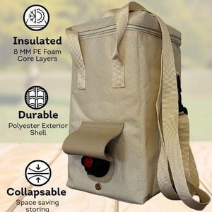 May include: A beige insulated cooler bag with an adjustable strap and zipper lid. The bag is designed to hold boxed wine and has a spout opening for dispensing. The bag is compatible with several boxed wine brands, including Black Box, Bota Box, and  Bandit.