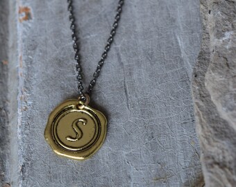 Wax Seal Gold Initial Gunmetal Necklace Multi Layer