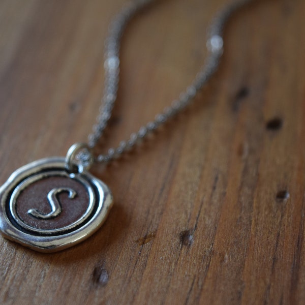 Wax Seal Pewter Initial Gunmetal Necklace Multi Layer