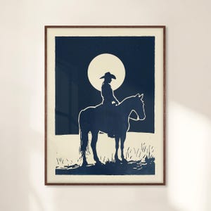 Vintage Western Wall Art, Cowgirl auf Pferd Druck, Vollmond Silhouette Landschaft, sternenklare Nacht Poster, japanischer Holzschnitt Wüstenszene