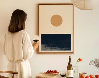 Lámina artística minimalista con sol dorado marino, arte mural de paisaje marino, decoración para el hogar estilo grabado japonés, póster abstracto minimalista, regalo de inauguración de casa