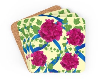 Vibrant Floral Cascade Coaster Set - Set of 4 Corkwood Coasters, Soft Yellow with Hot Pink Flowers and Royal Blue Ribbons