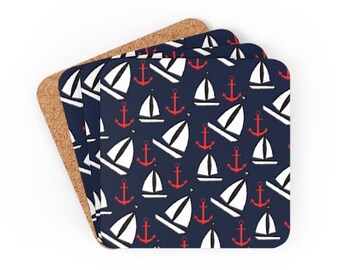 Nautical Sailboats Coaster Set - Set of 4 Corkwood Coasters, Navy Blue with White Sailboats and Red Anchors