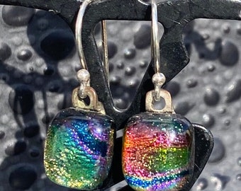 Dichroic Fused Glass Dangle Earrings No.  343