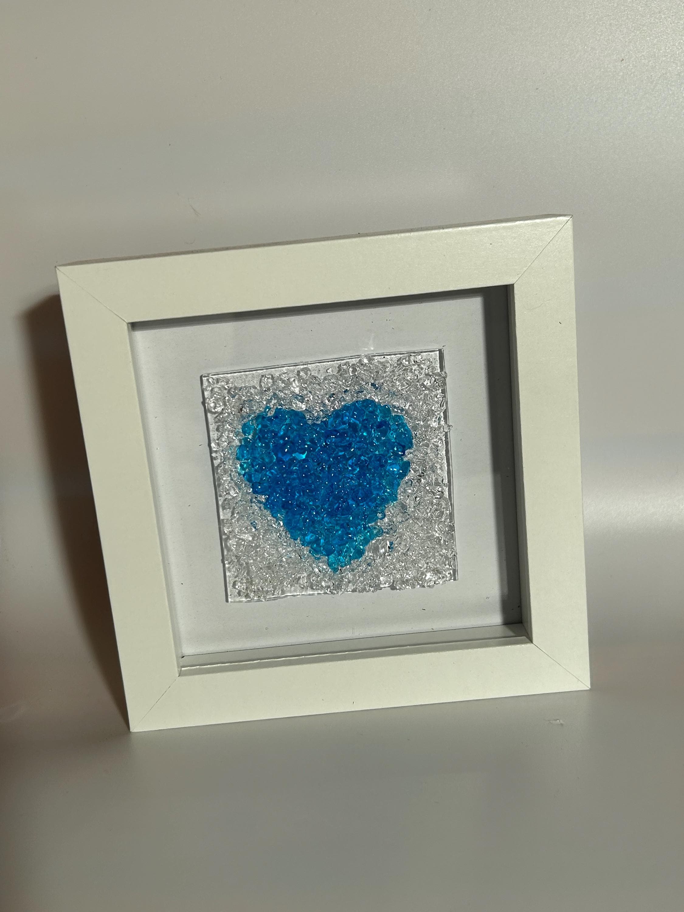 Handmade Framed Fused Glass Chunky Turquoise Blue Heart
