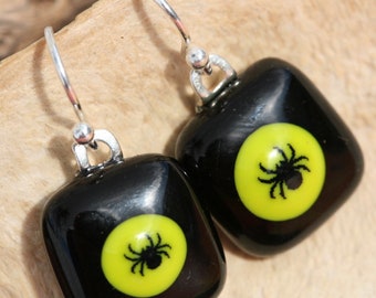 Creepy Spider Fused Glass Earrings No.  114