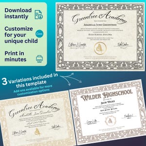 Nature Nouveau Diploma Template | Customizable Printable Secular Homeschool Diploma | Beautiful Editable Graduation Certificate