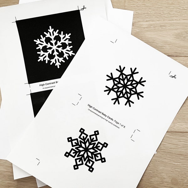 High Contrast Baby Cards 8x white + 8x black snowflakes | Printable Montessori Sensory Flashcards | Geometric Shapes for Newborn Babies
