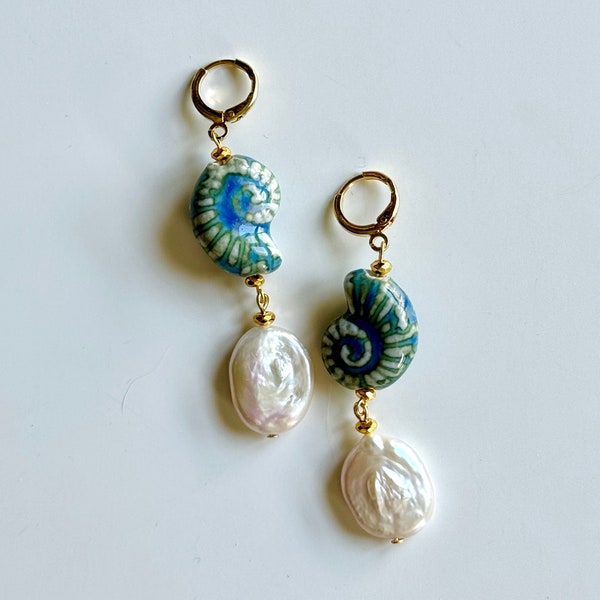 Ceramic bead and freshwater pearl earings