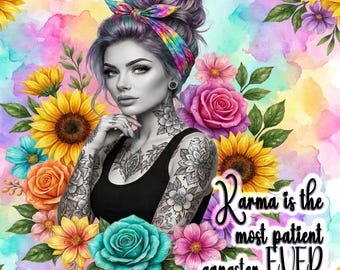 Karma Gangster PNG / Diseño de acuarela de girasol con chica tatuada (descarga digital)