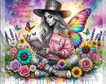 Diseño PNG para vaso con temática cristiana: mariposa y flores (descarga digital)