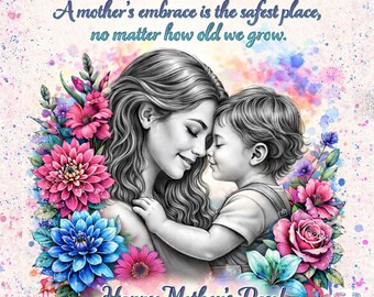 Diseño floral en acuarela para vaso con la frase "Mamá e hijo/a" / Sublimación PNG para el Día de la Madre (Descarga digital)