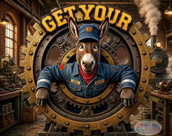 Divertido diseño PNG de mecánico burro / Diseño "Ponte en marcha" / Envoltura para vaso de 20 oz / Humor obrero / Diseño de camiseta steampunk industrial