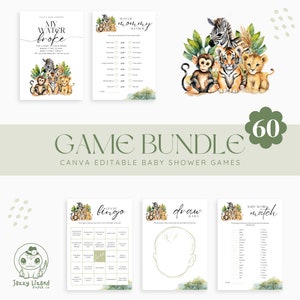 EDITABLE Baby Safari Animals Baby Shower Games Bundle - Wild One Jungle Greenery Baby Shower 5"x7" Game Pack - Canva Template - DIGITAL FILE