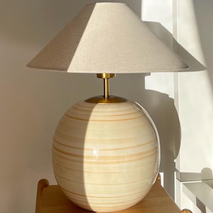 Handmade Cream Glazed Ceramic Pot Table Lamp with Linen Lamp Shade, Nordic Bohemian Style Bedside Lamp for Living Room Entryway and Bedroom