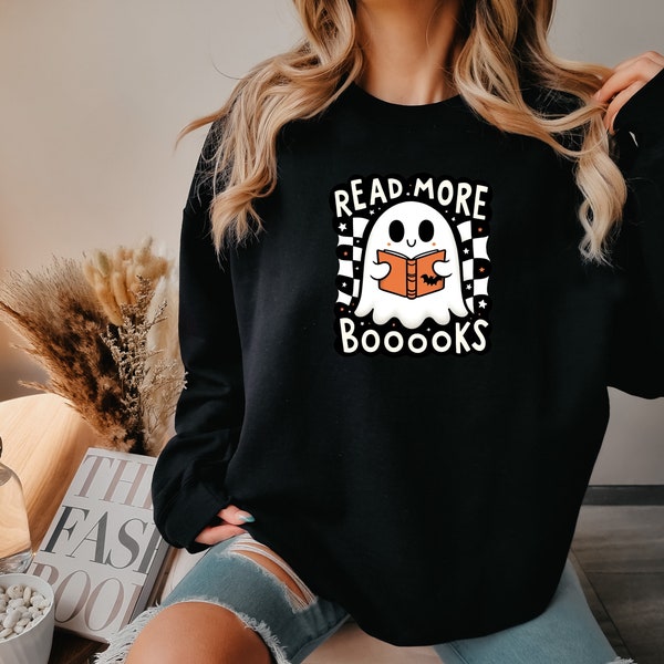 Read More Booooks -Classic Unisex Crewneck Sweatshirt, bookish halloween, book lovers gift, funny ghost jumper, cozy reading sweater.