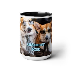 Undercover Paws 15oz Mug – Covert Corgi Detective Design – Large Coffee Cup for Dog Lovers – Whimsical Pet-Inspired Drinkware