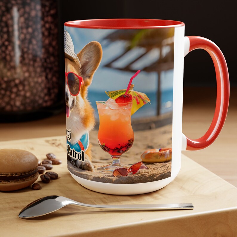 Corgi Beach Patrol Mug - Charming 15 oz White Ceramic Cup with Corgi Lifeguard Illustration - Fun Summer-Themed Drinkware for Dog Enthusiasts