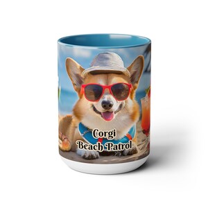 Corgi Beach Patrol Mug - Charming 15 oz White Ceramic Cup with Corgi Lifeguard Illustration - Fun Summer-Themed Drinkware for Dog Enthusiasts