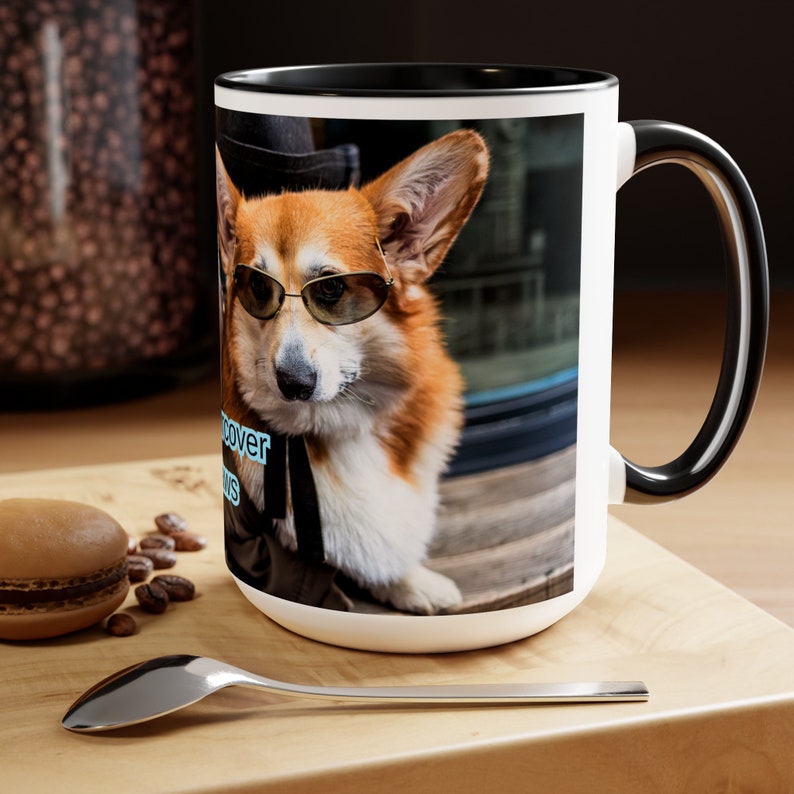 Undercover Paws 15oz Mug – Covert Corgi Detective Design – Large Coffee Cup for Dog Lovers – Whimsical Pet-Inspired Drinkware