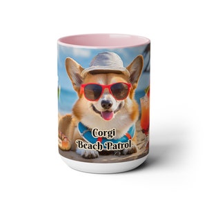 Corgi Beach Patrol Mug - Charming 15 oz White Ceramic Cup with Corgi Lifeguard Illustration - Fun Summer-Themed Drinkware for Dog Enthusiasts