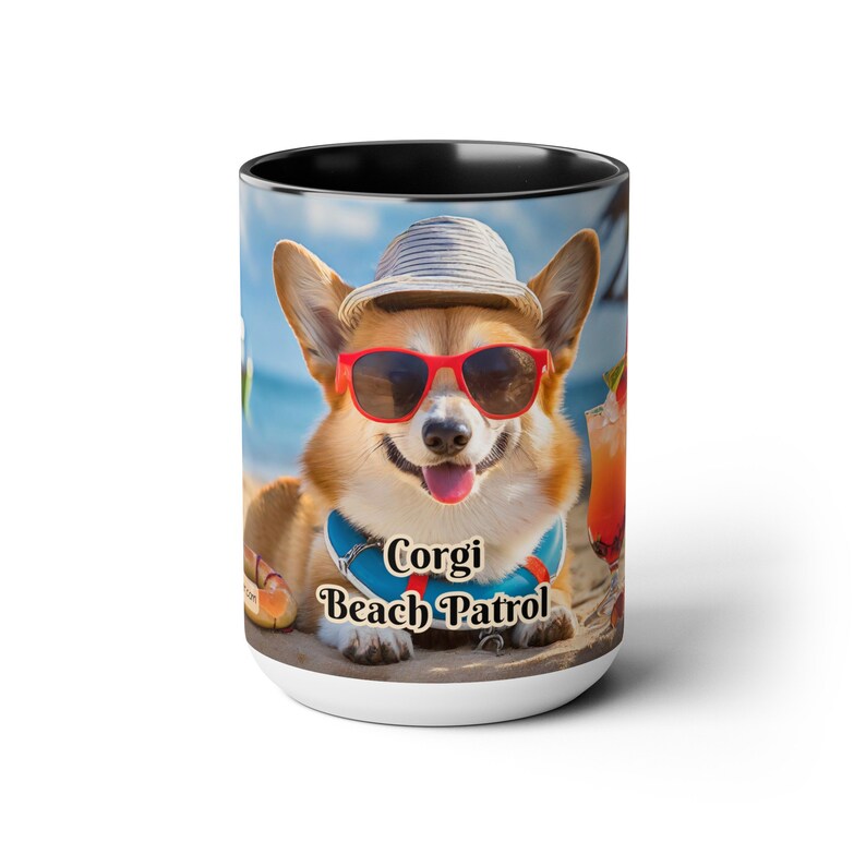 Corgi Beach Patrol Mug - Charming 15 oz White Ceramic Cup with Corgi Lifeguard Illustration - Fun Summer-Themed Drinkware for Dog Enthusiasts