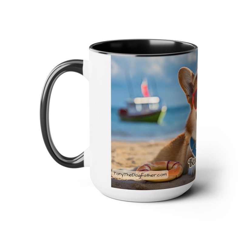 Corgi Beach Patrol Mug - Charming 15 oz White Ceramic Cup with Corgi Lifeguard Illustration - Fun Summer-Themed Drinkware for Dog Enthusiasts