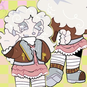 May include: A digital illustration of a reference sheet base for character design. The base is a yellow outline of a person with a simple design. The image also includes an example of the base in use, showing a character with fluffy white hair, a brown jacket, and a pink skirt. The text "reference sheet base" and "$5" are also included in the image.