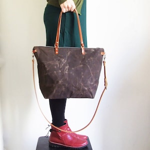 Waxed Canvas Tote with Leather Straps, Personalized Diaper Bag